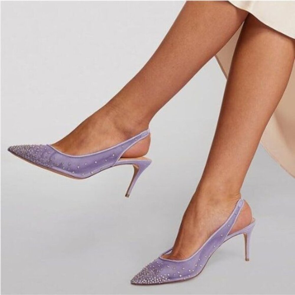 FOWT Orchid Studded Rhinestone Pointed Toe Slip On Mesh Pump Mid Heel Dress Shoe